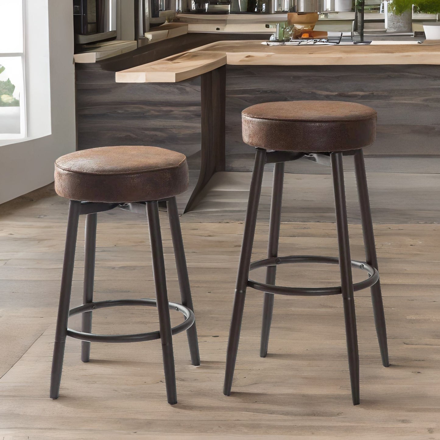 set of 2 adjustable swivel brown stools