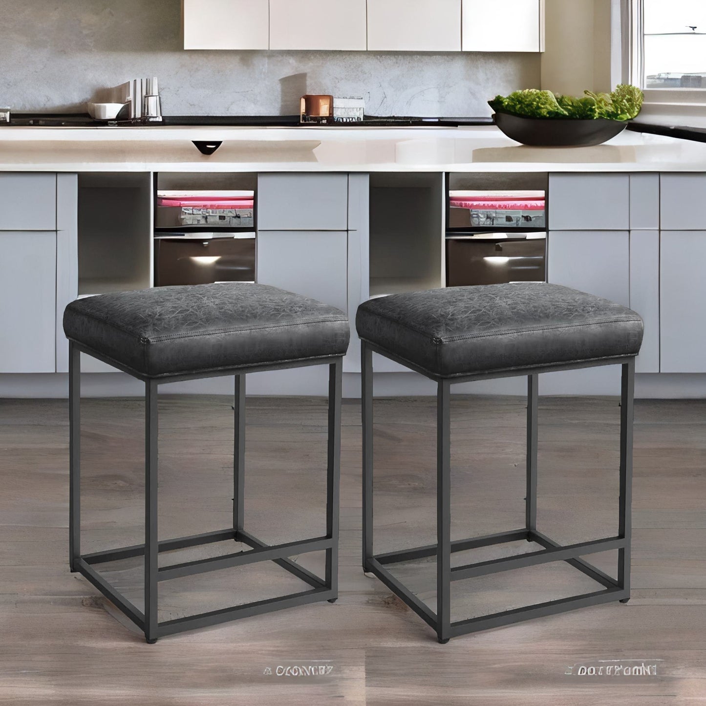 set of 2 faux leather low bar stools with footrest