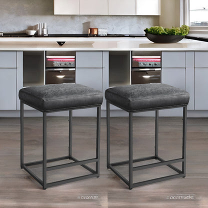 Set Of 2 Faux Leather Low Bar Stools With Footrest