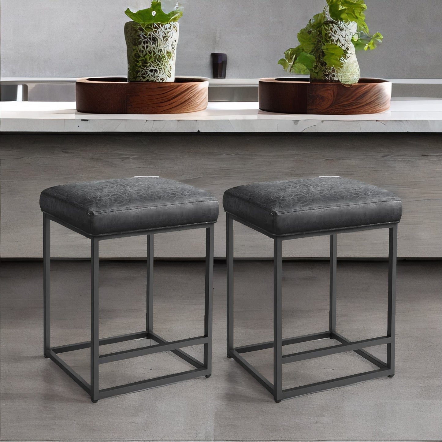 set of 2 faux leather low bar stools with footrest