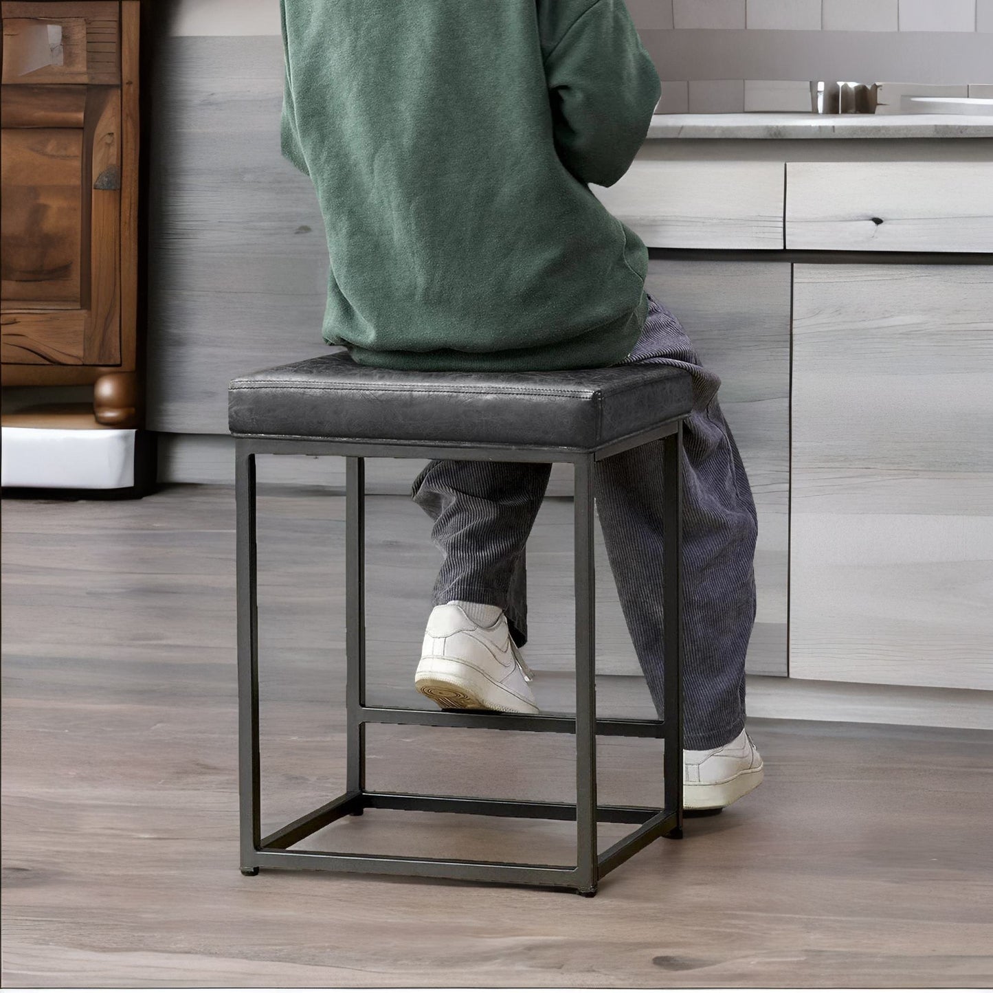 set of 2 faux leather low bar stools with footrest