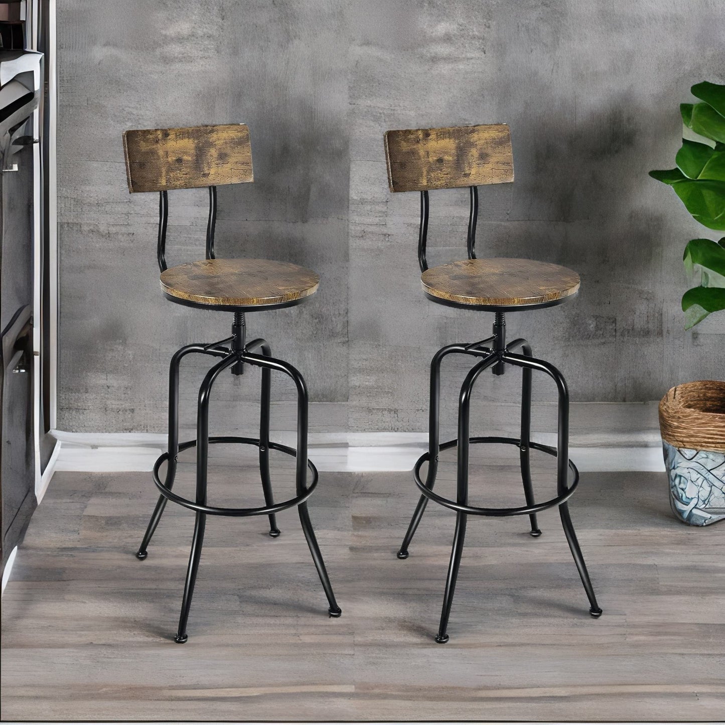 set of 2 adjustable swivel stools with backrest & footrest