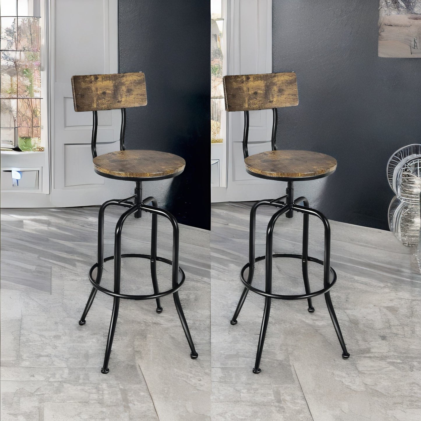 set of 2 adjustable swivel stools with backrest & footrest