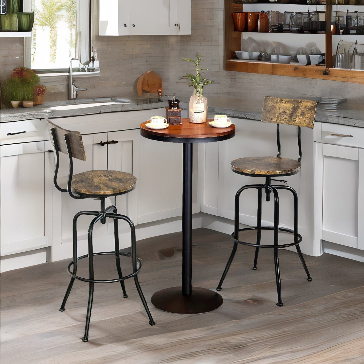 set of 2 adjustable swivel stools with backrest & footrest