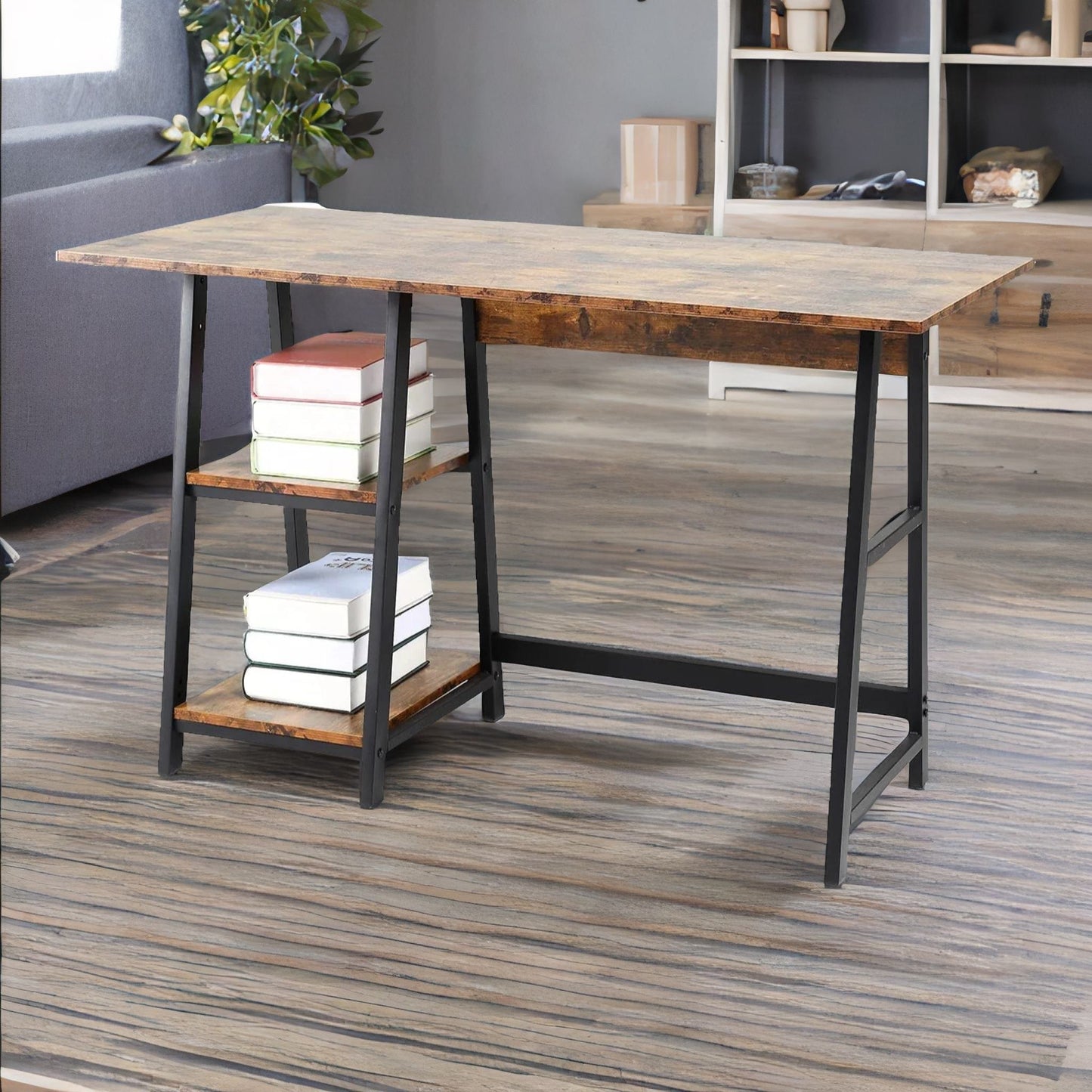 industrial writing desk with 2 shelves