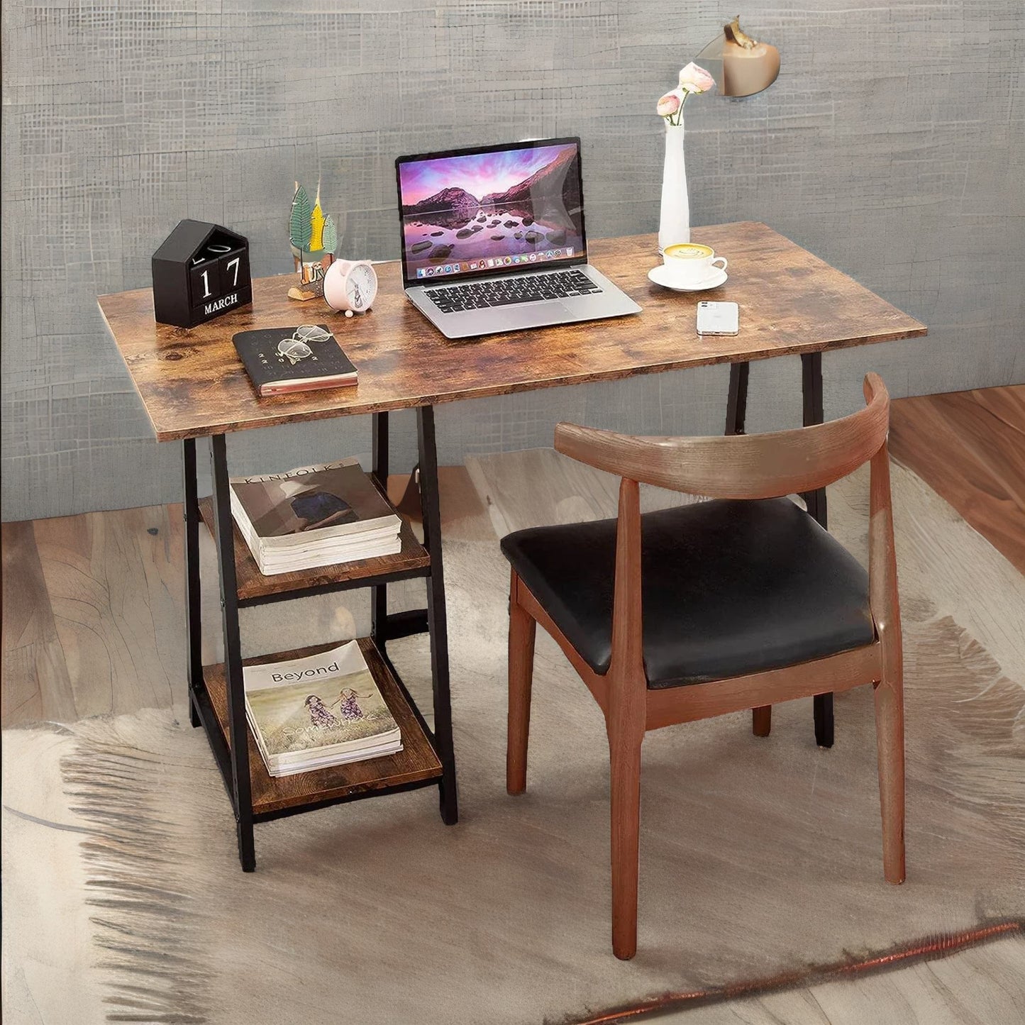 industrial writing desk with 2 shelves