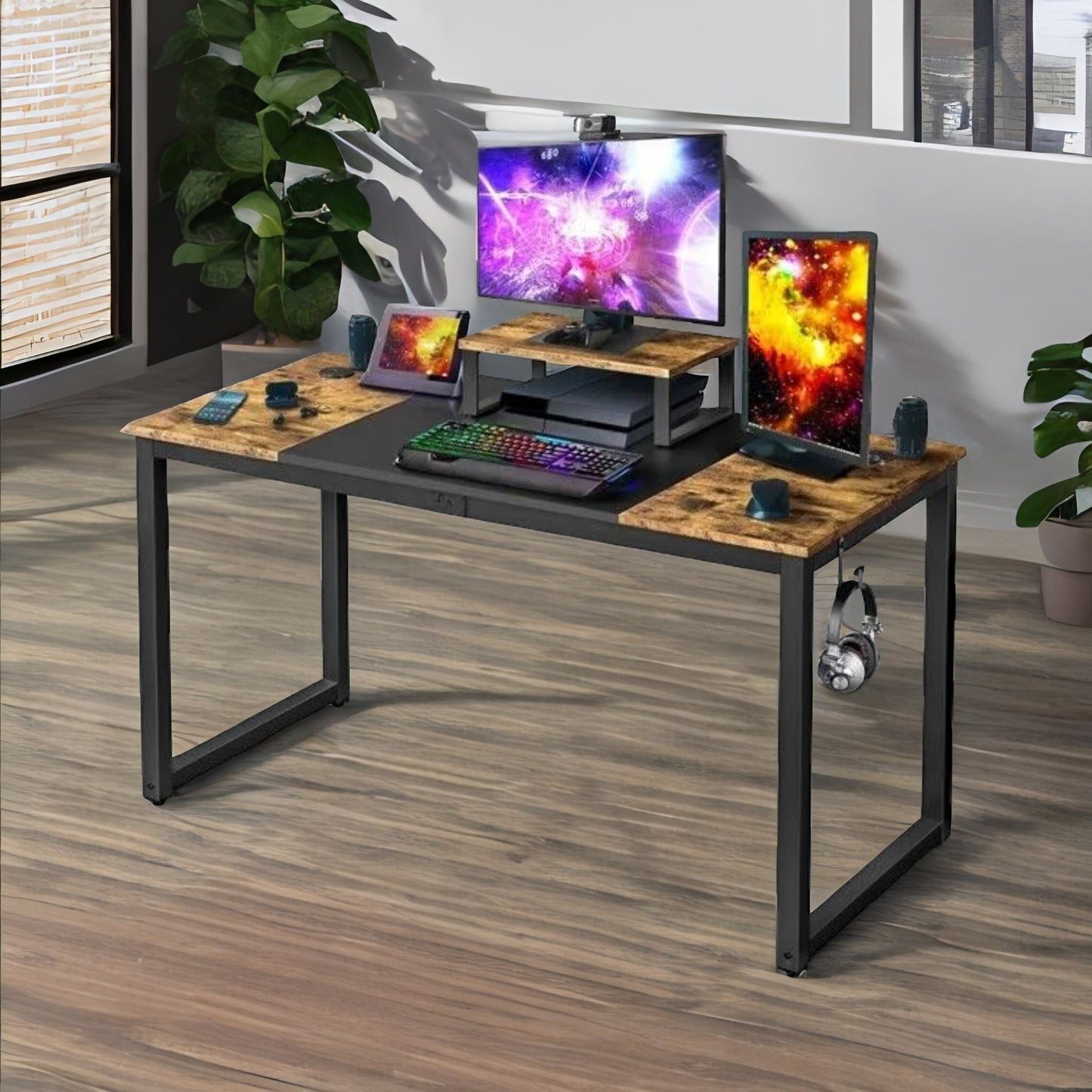 industrial writing desk with moveable monitor mount