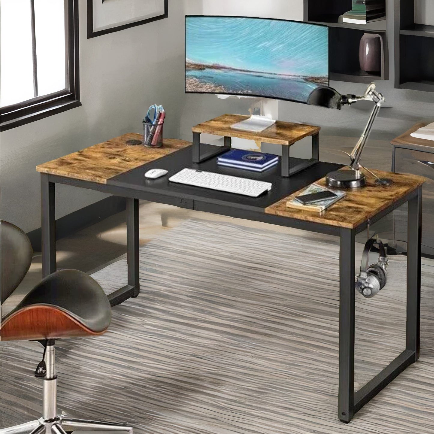 industrial writing desk with moveable monitor mount