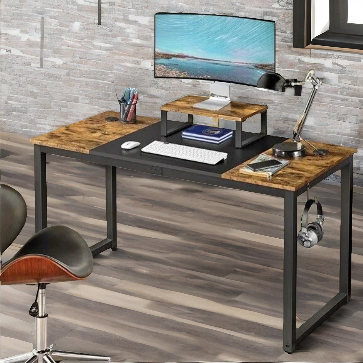 industrial writing desk with moveable monitor mount