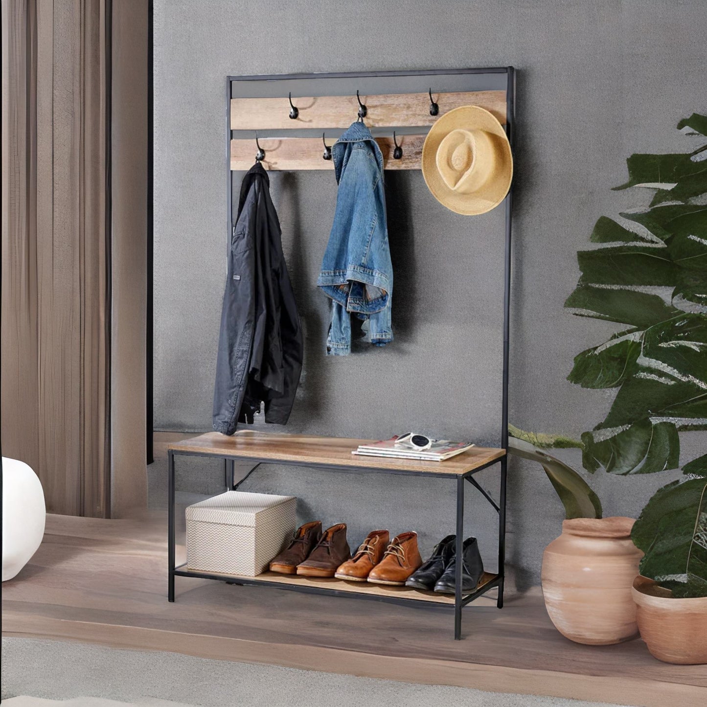 industrial coat rack stand with 2 shelves & 7 hooks