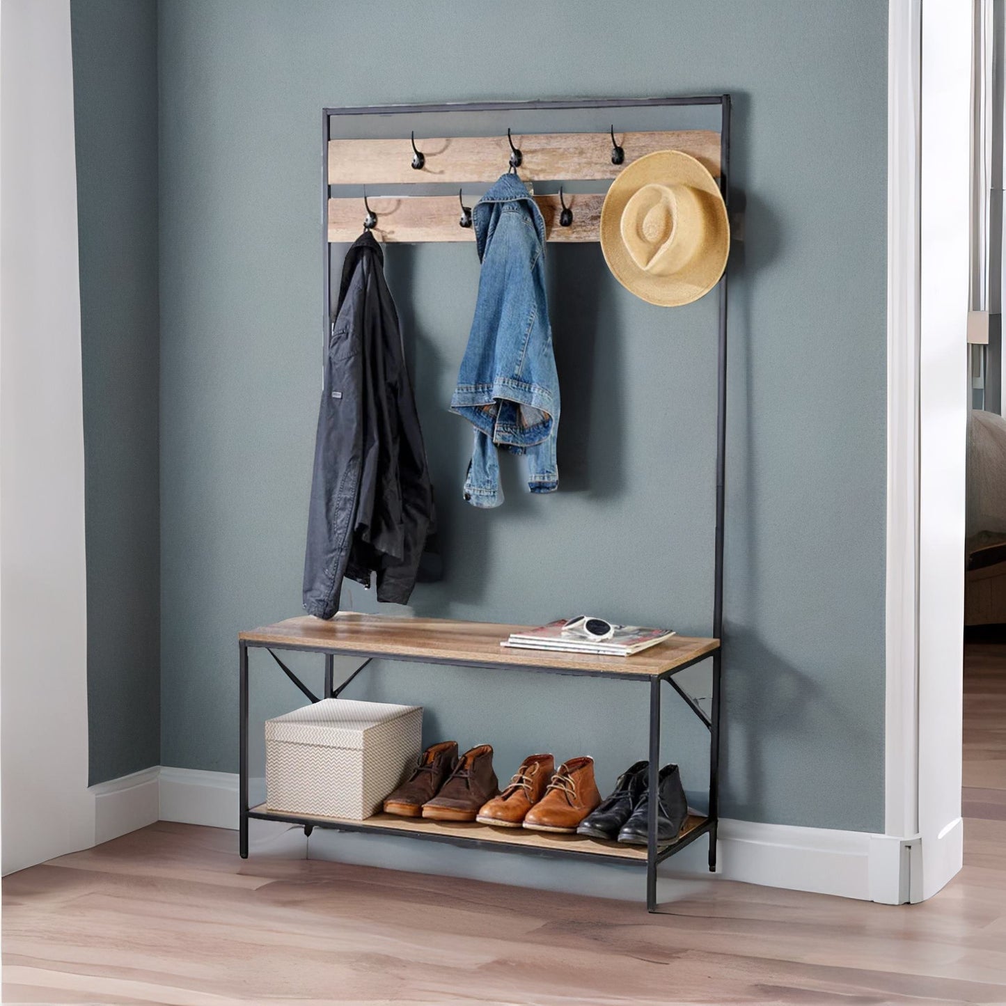 industrial coat rack stand with 2 shelves & 7 hooks