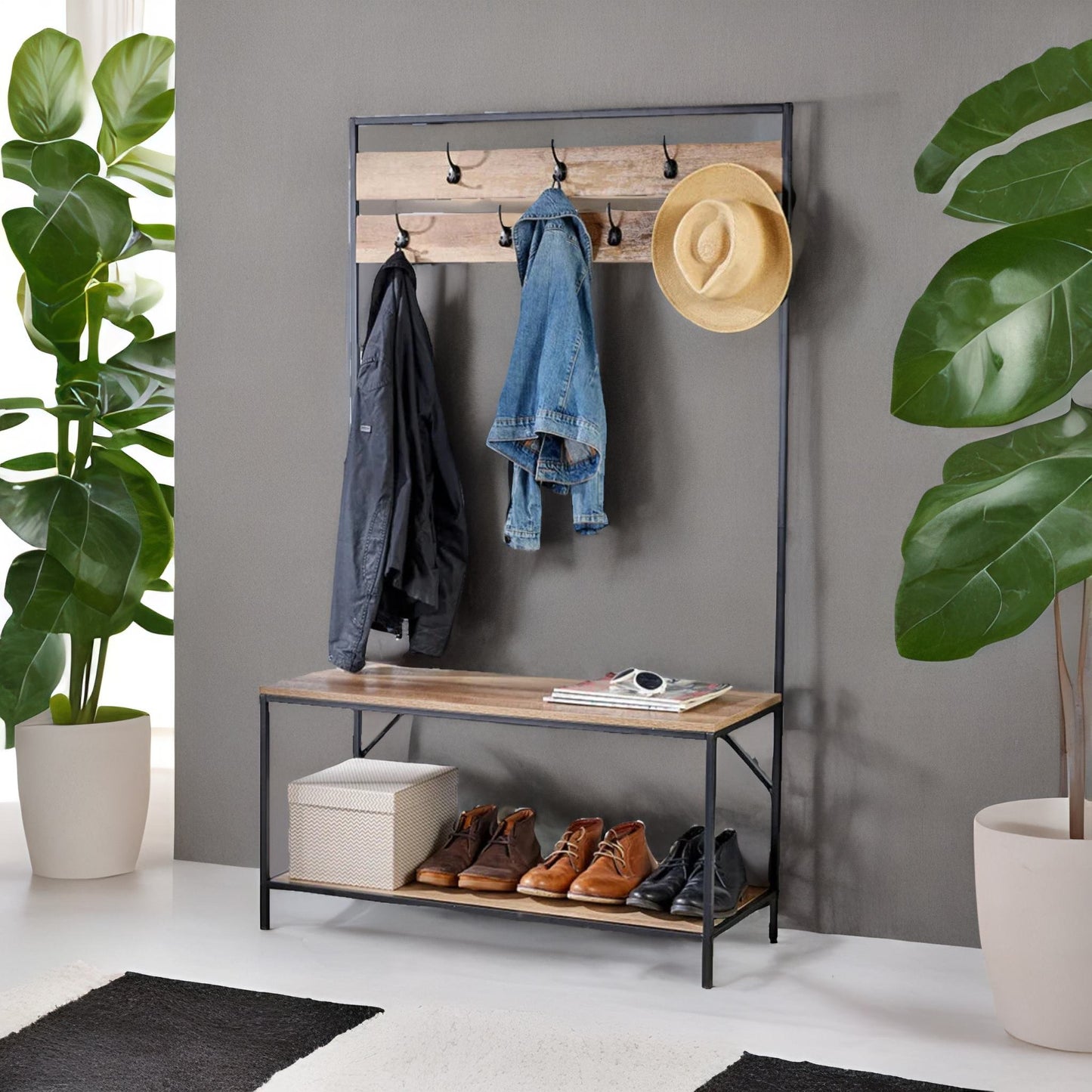 industrial coat rack stand with 2 shelves & 7 hooks