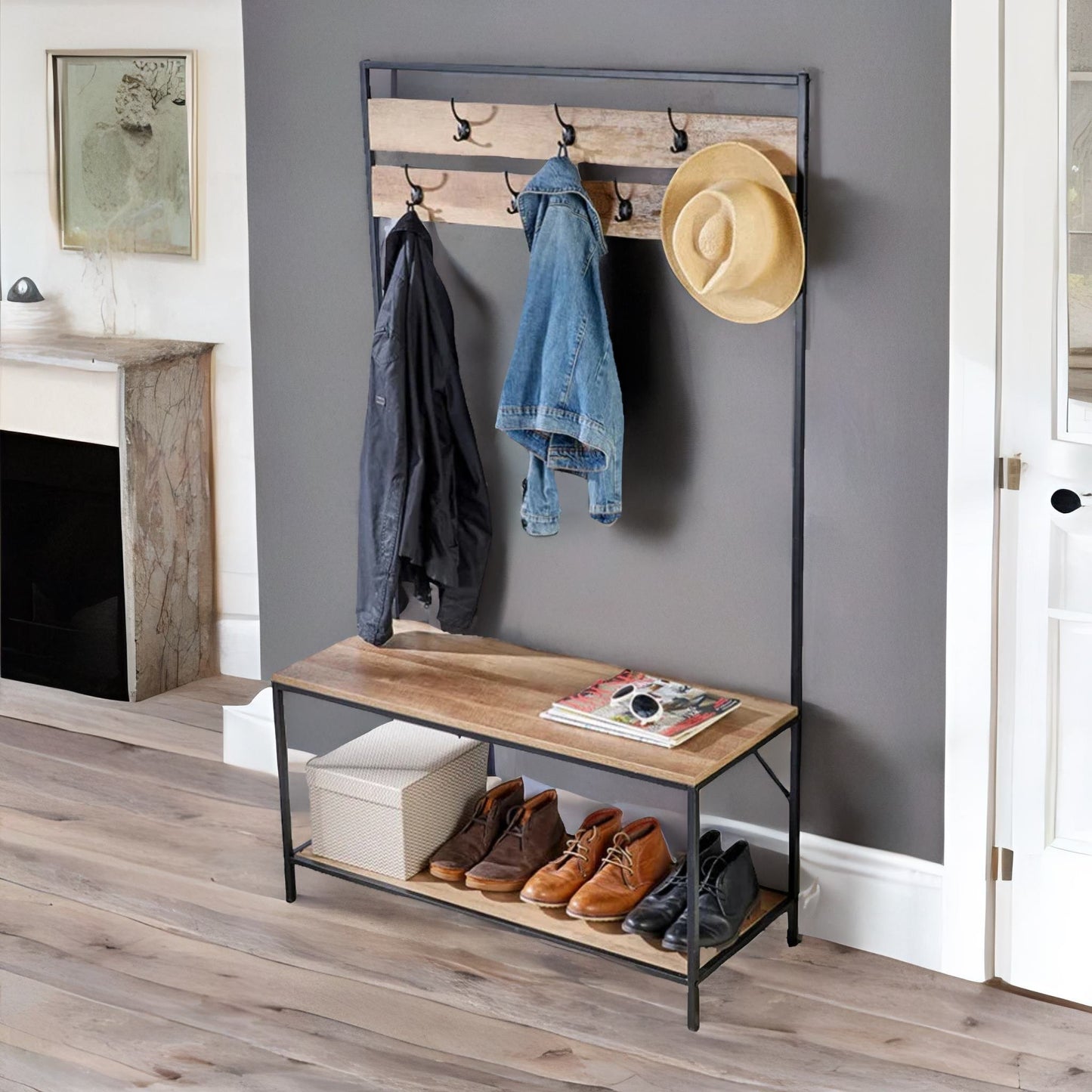 industrial coat rack stand with 2 shelves & 7 hooks