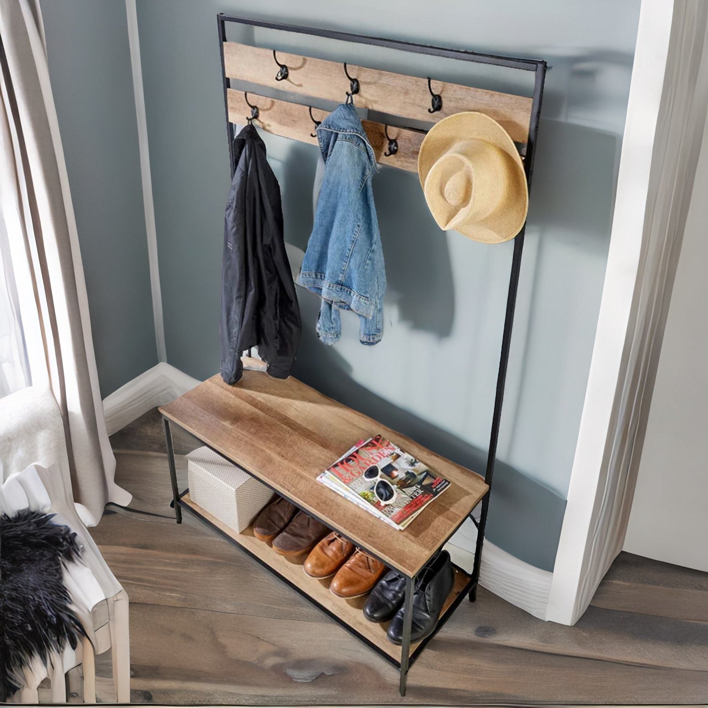 industrial coat rack stand with 2 shelves & 7 hooks