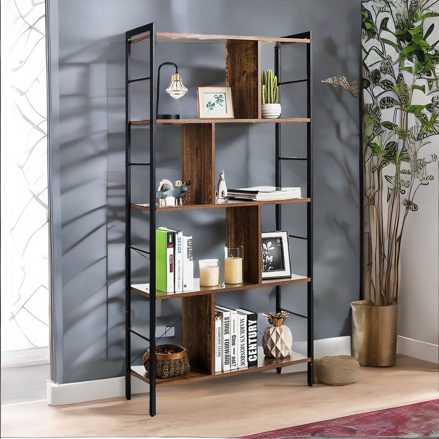 154cm tall 5 tier bookcase with metal frame