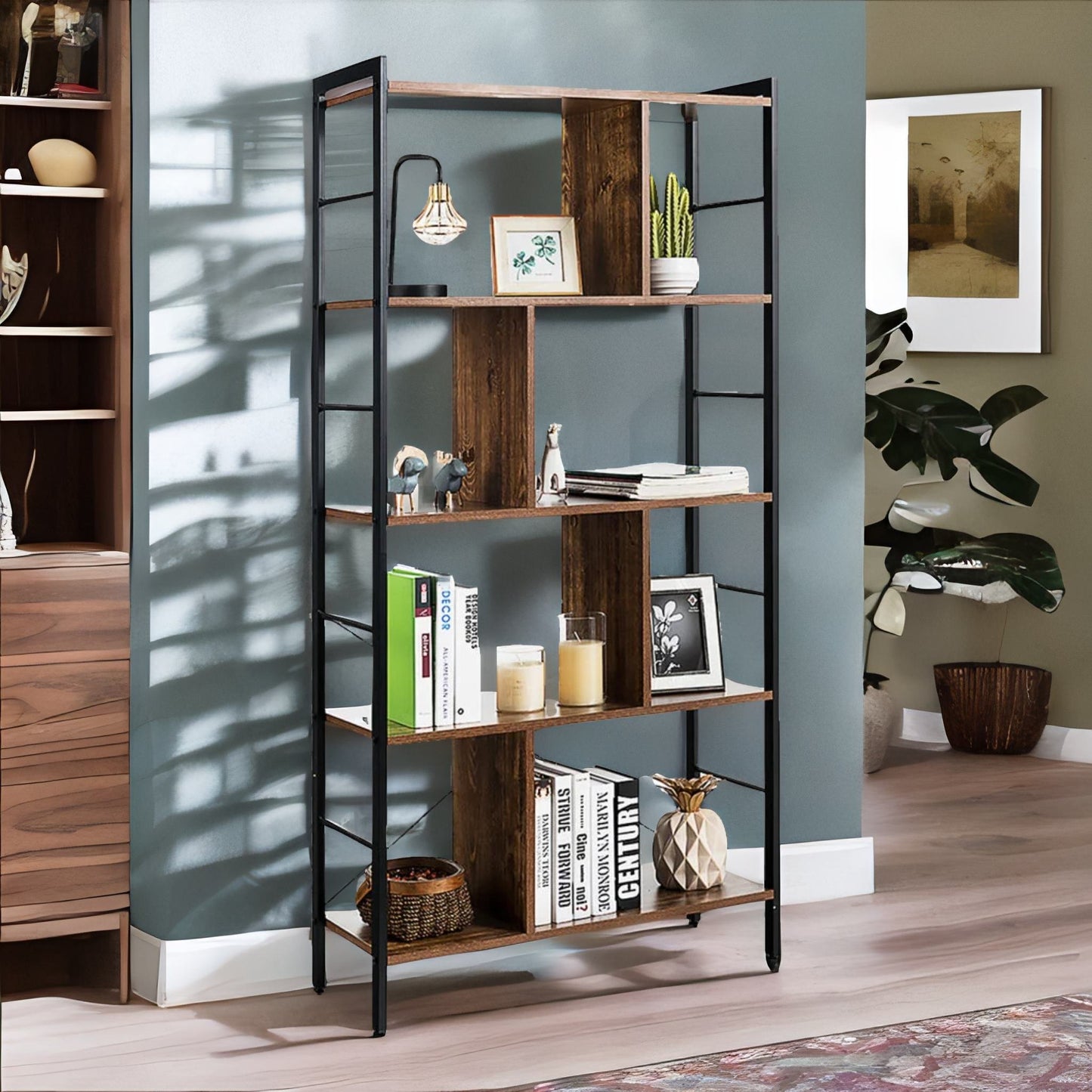 154cm tall 5 tier bookcase with metal frame