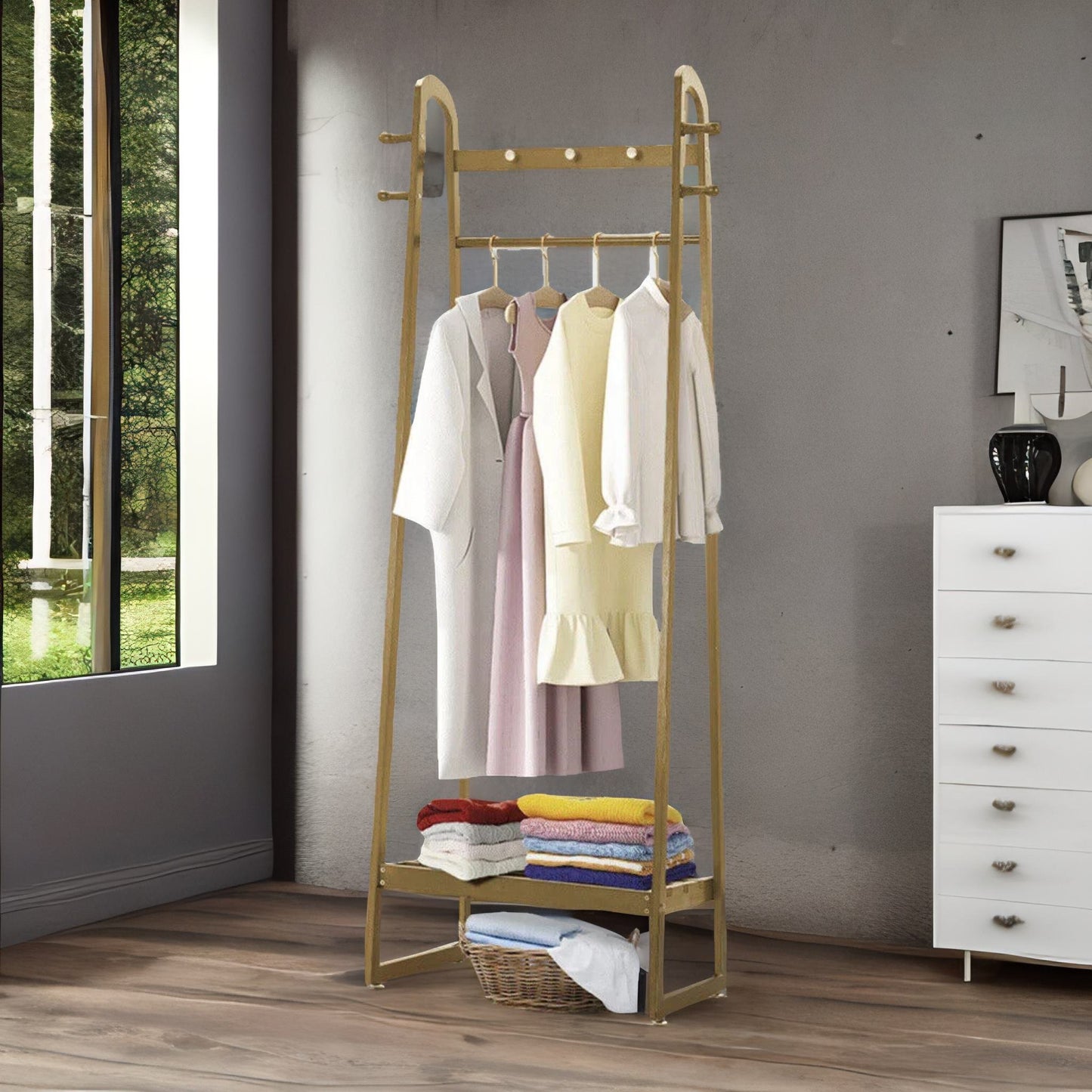 bamboo natural brown open clothes rack