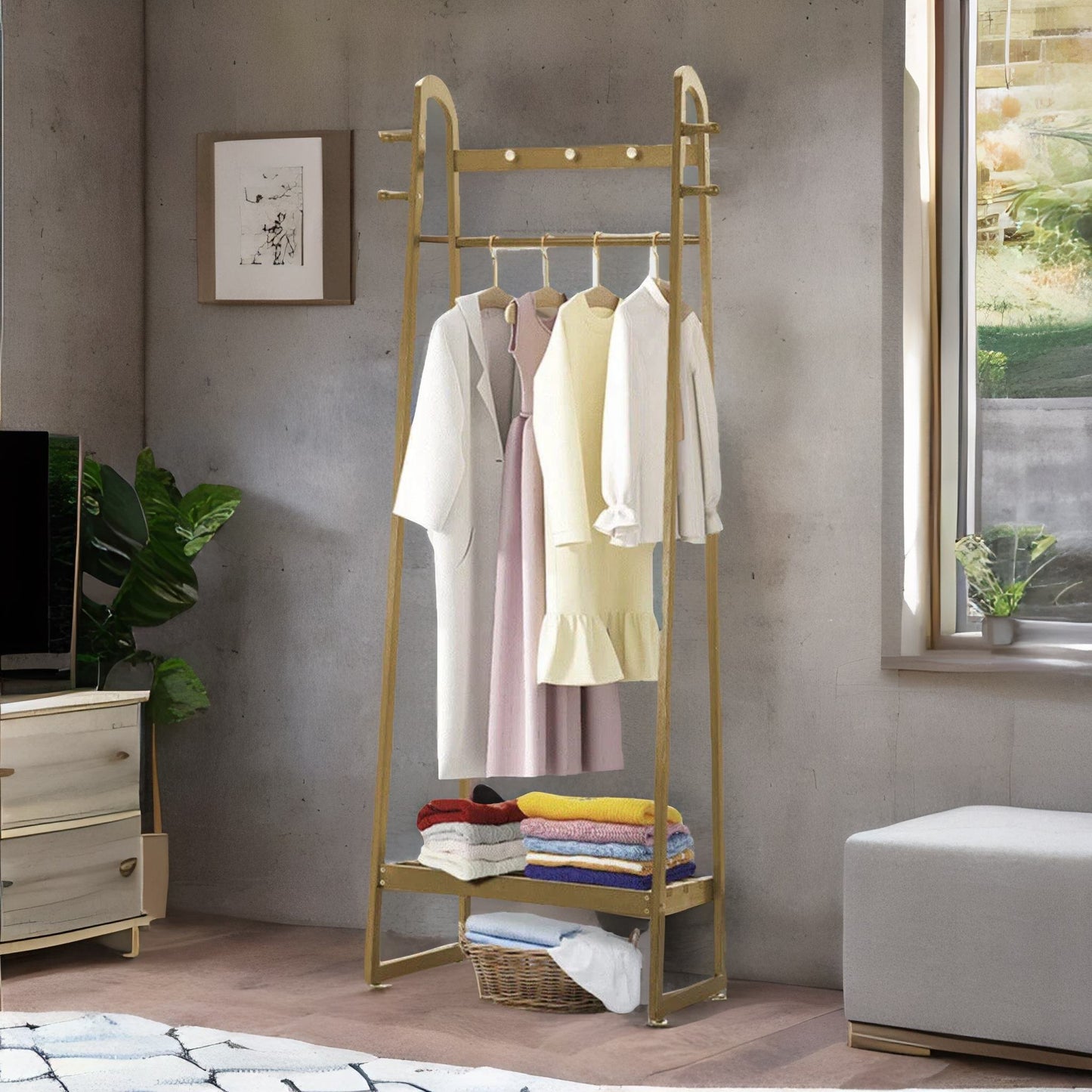 bamboo natural brown open clothes rack