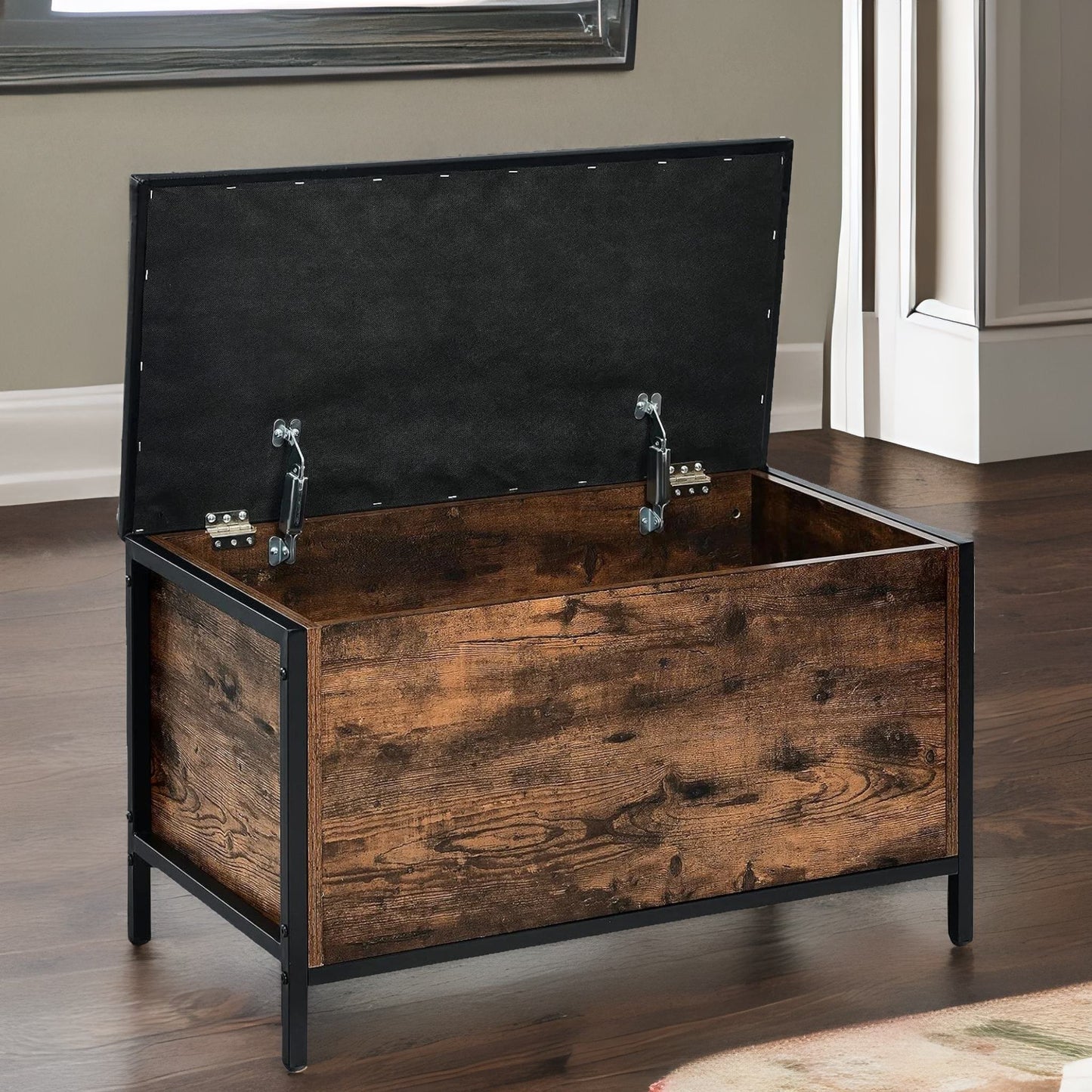 industrial rustic brown shoe storage bench with cushioned seat & hidden storage