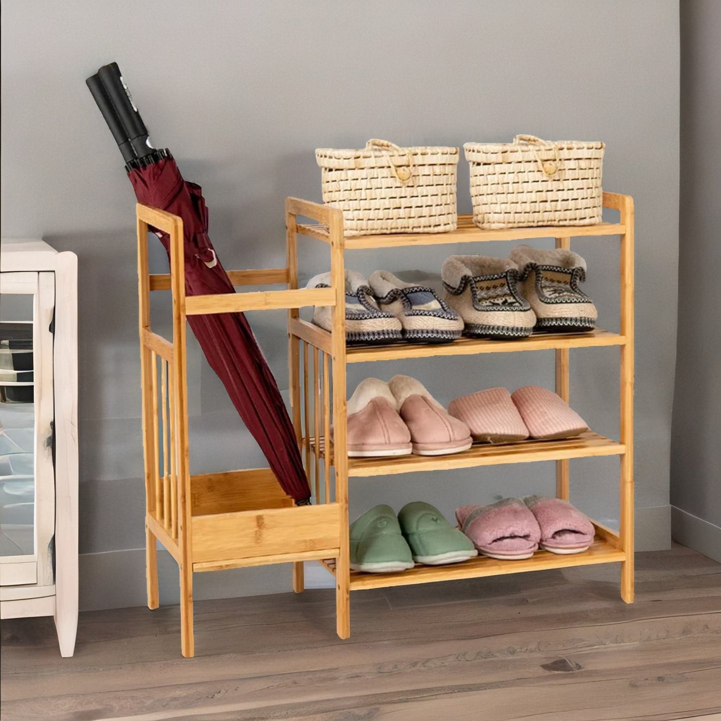 bamboo 4 tier shoe rack with umbrella holder