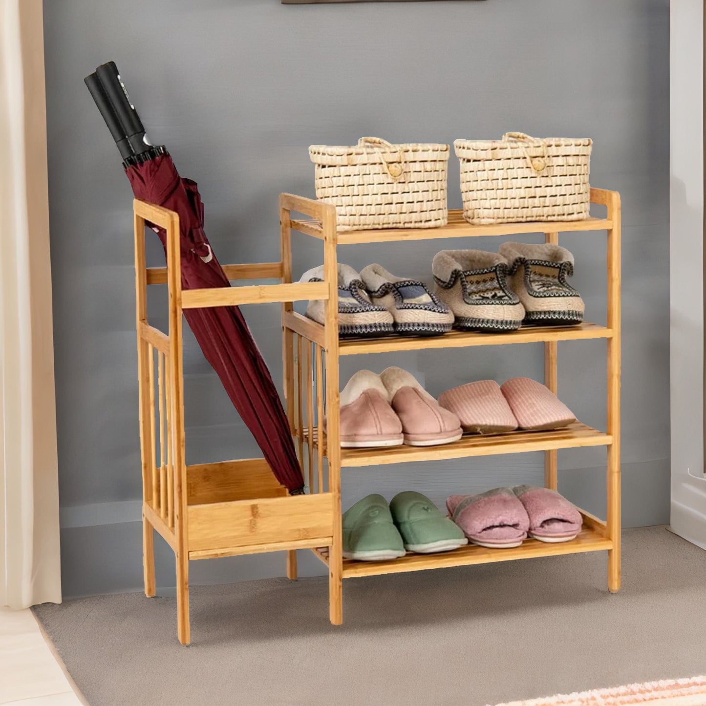 bamboo 4 tier shoe rack with umbrella holder