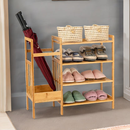 Bamboo 4 Tier Shoe Rack With Umbrella Holder