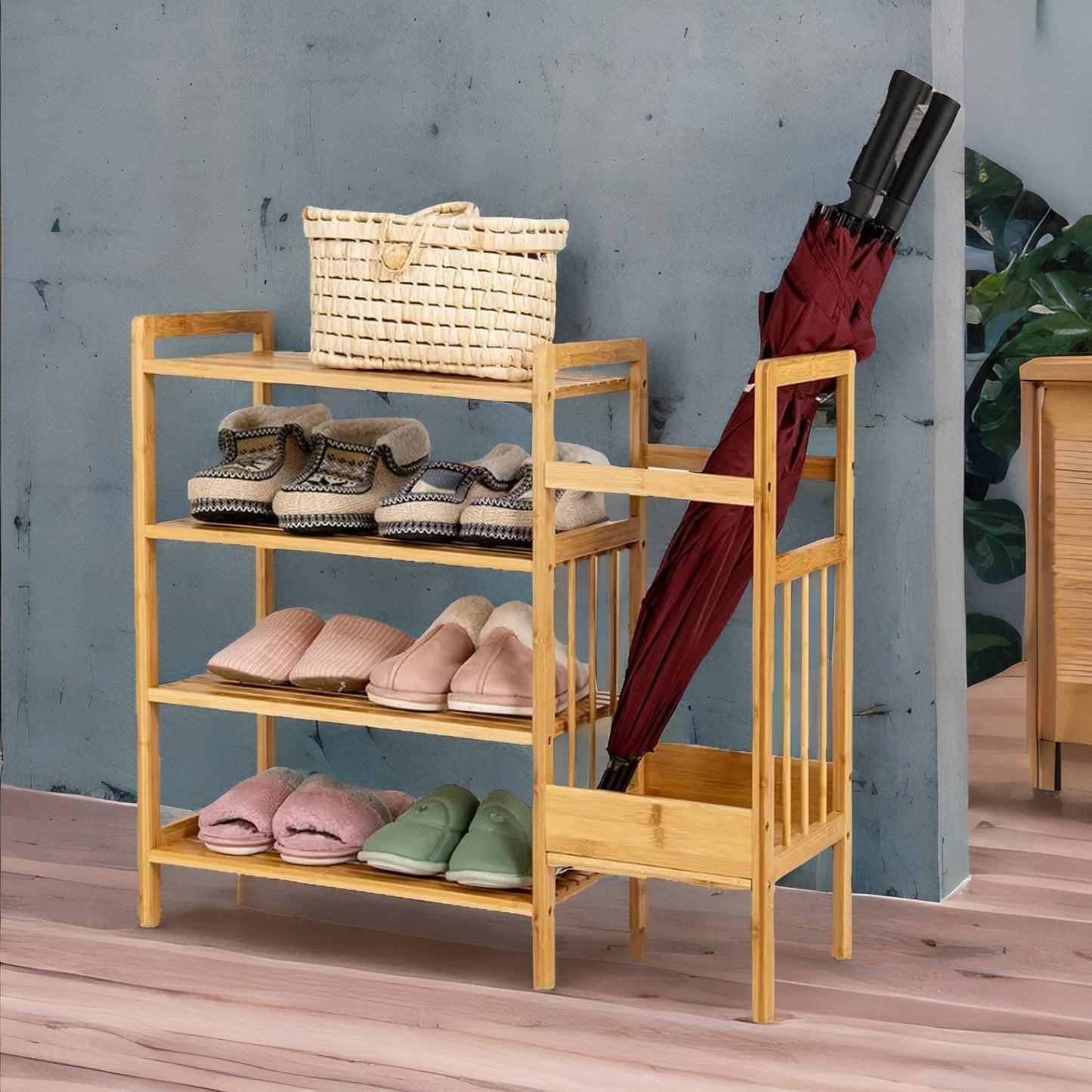 bamboo 4 tier shoe rack with umbrella holder