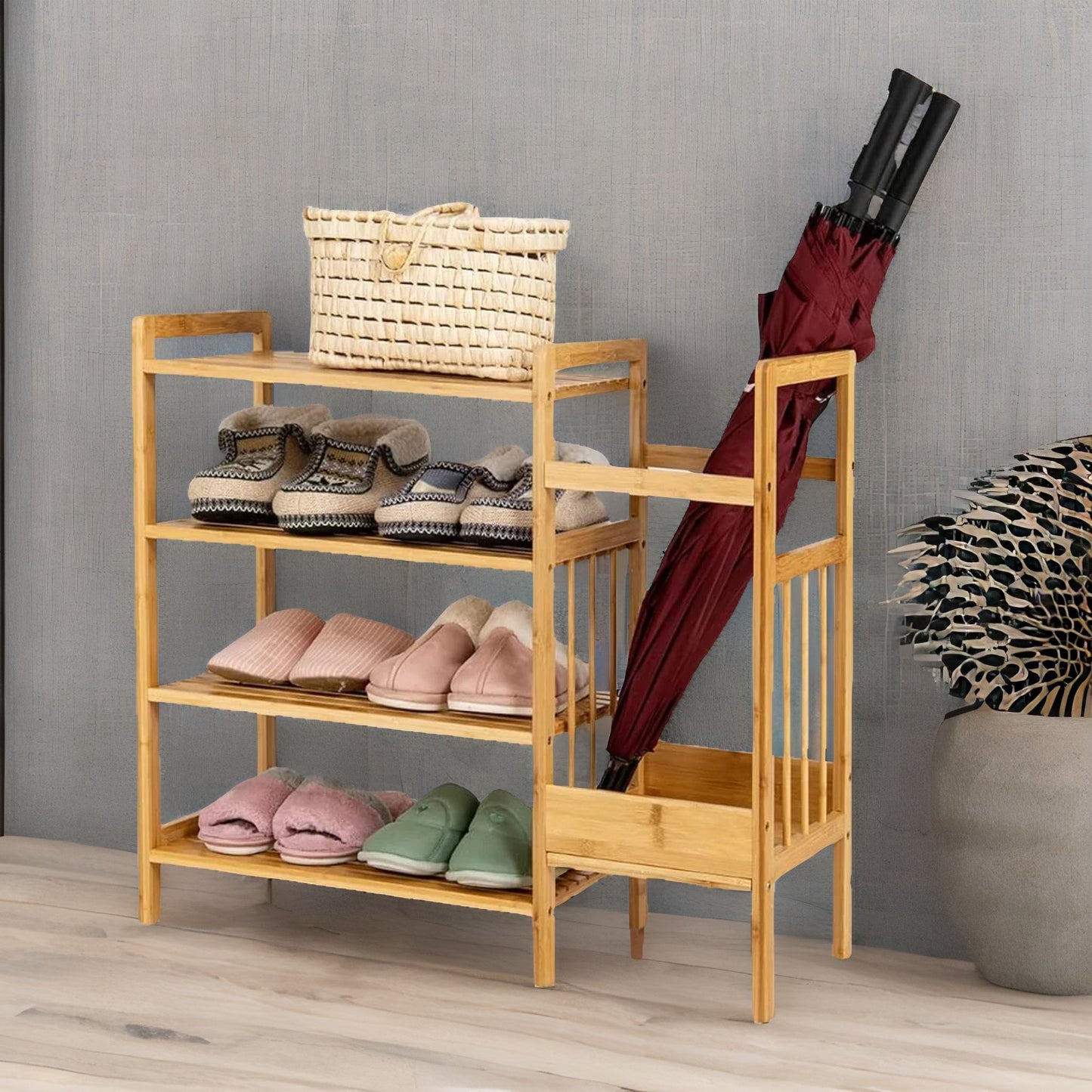 bamboo 4 tier shoe rack with umbrella holder