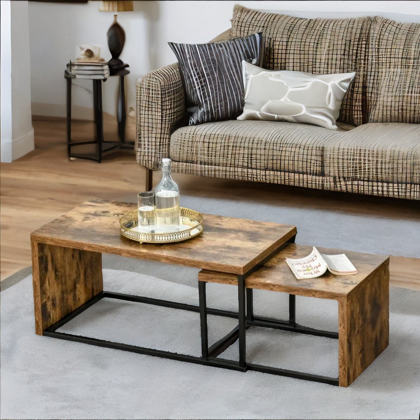 set of 2 nesting tables industrial rustic brown