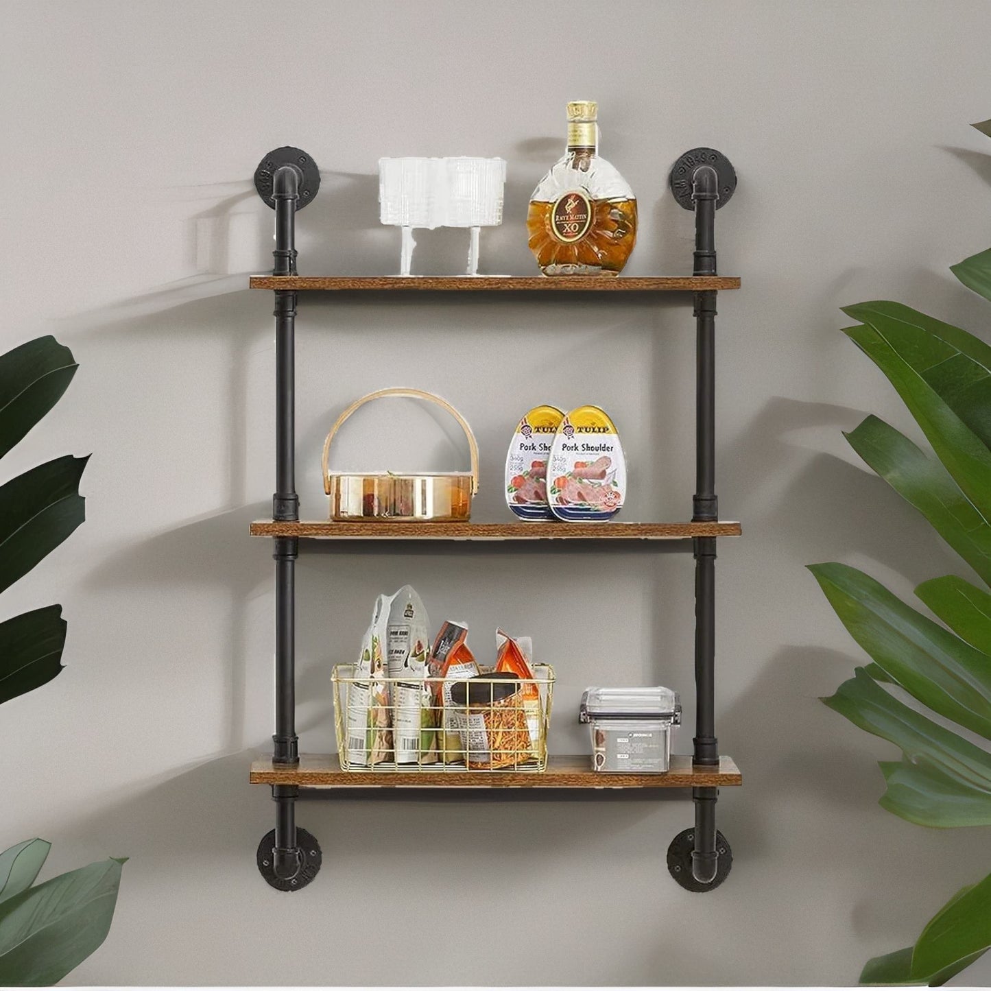 industrial pipe wall-mounted 3 tier floating shelves