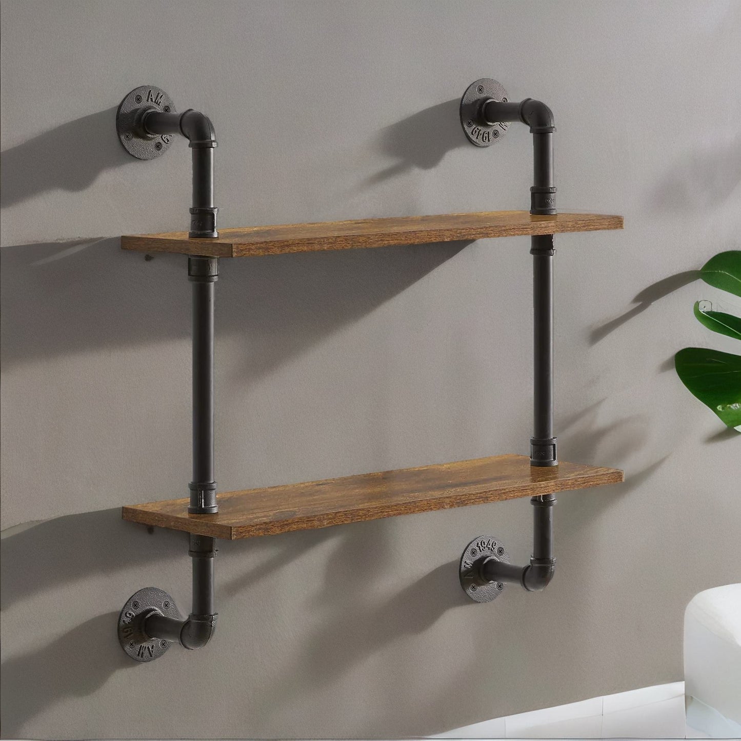 industrial pipe wall-mounted 2 tier floating shelves