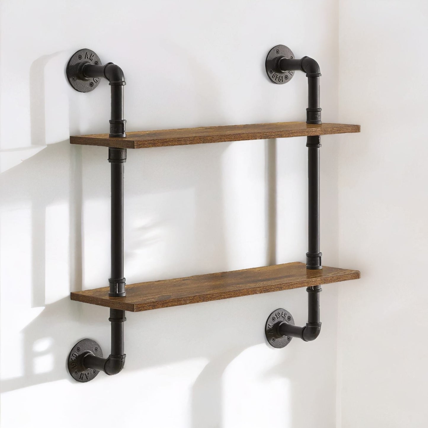 industrial pipe wall-mounted 2 tier floating shelves