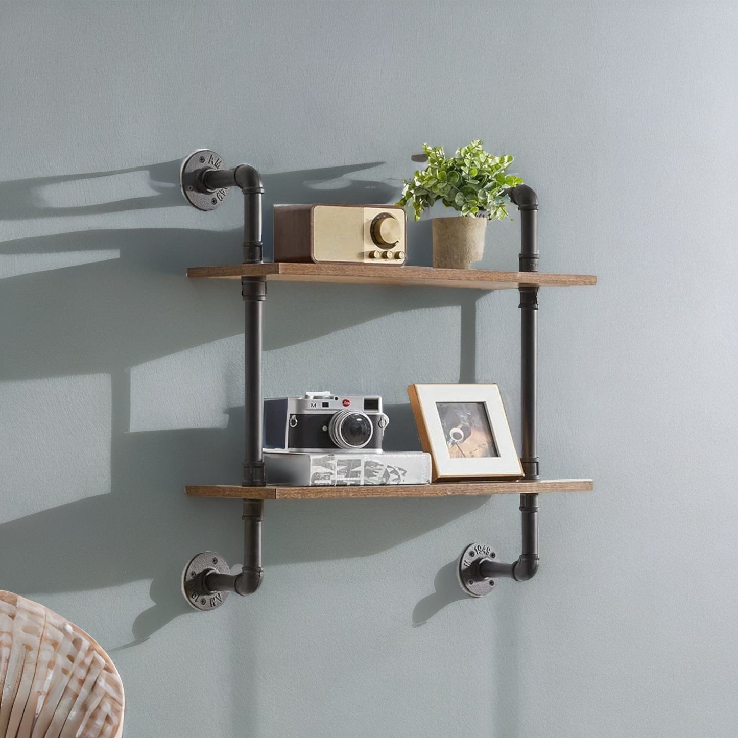 industrial pipe wall-mounted 2 tier floating shelves