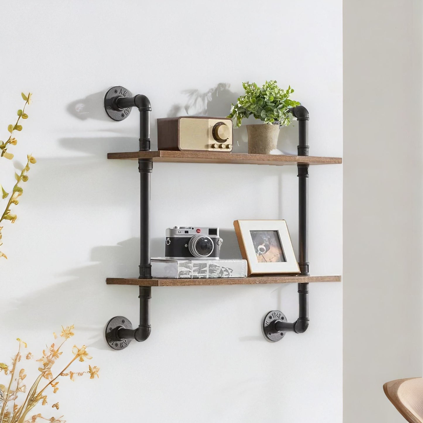 industrial pipe wall-mounted 2 tier floating shelves