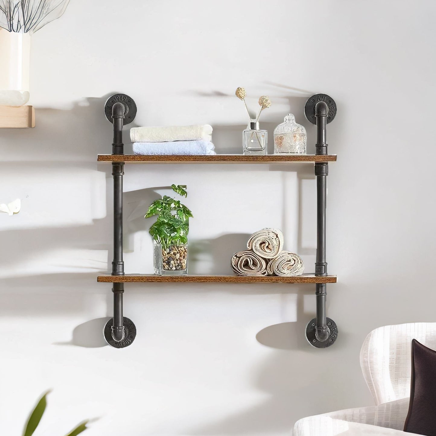 industrial pipe wall-mounted 2 tier floating shelves