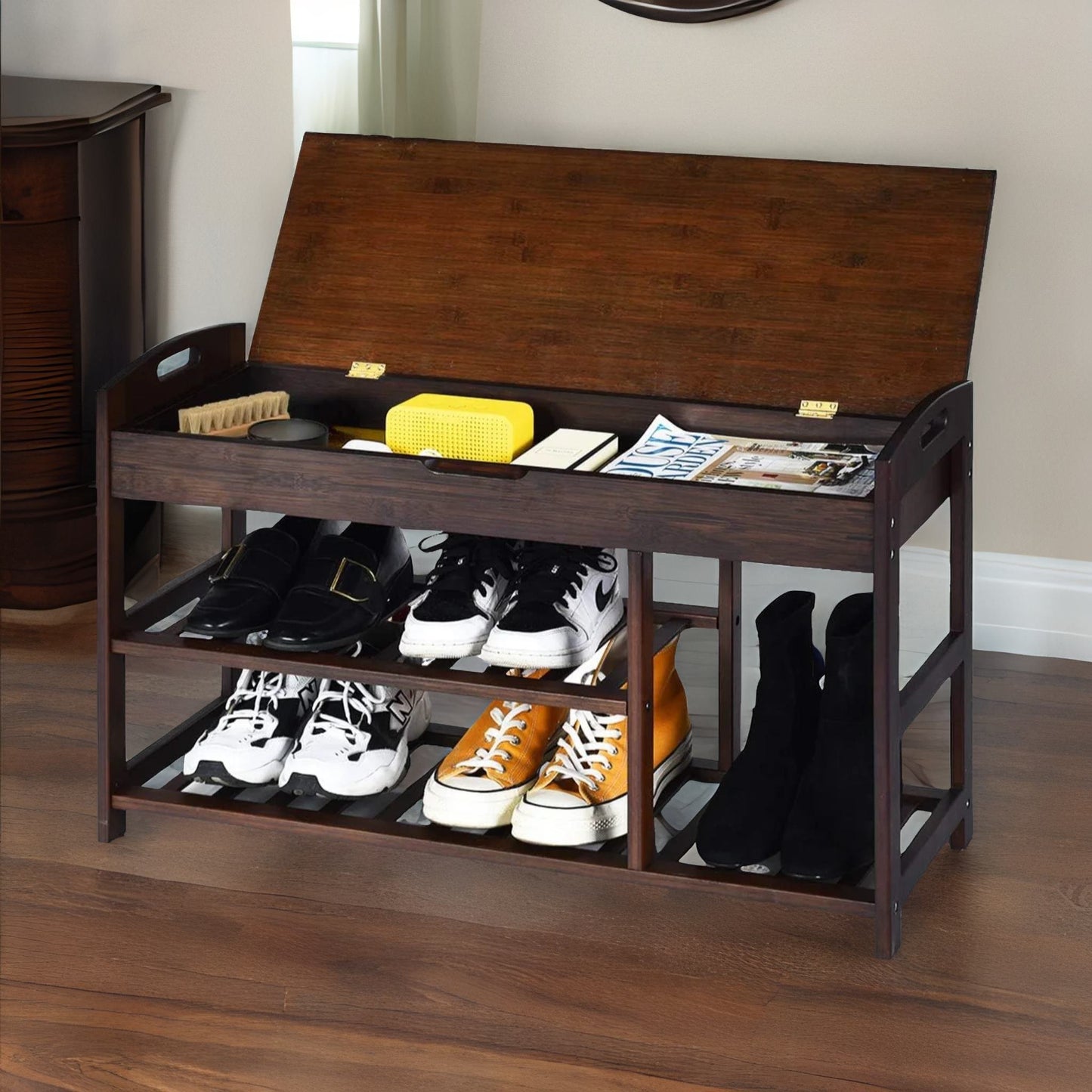 bamboo 3 shoe storage bench with hidden storage