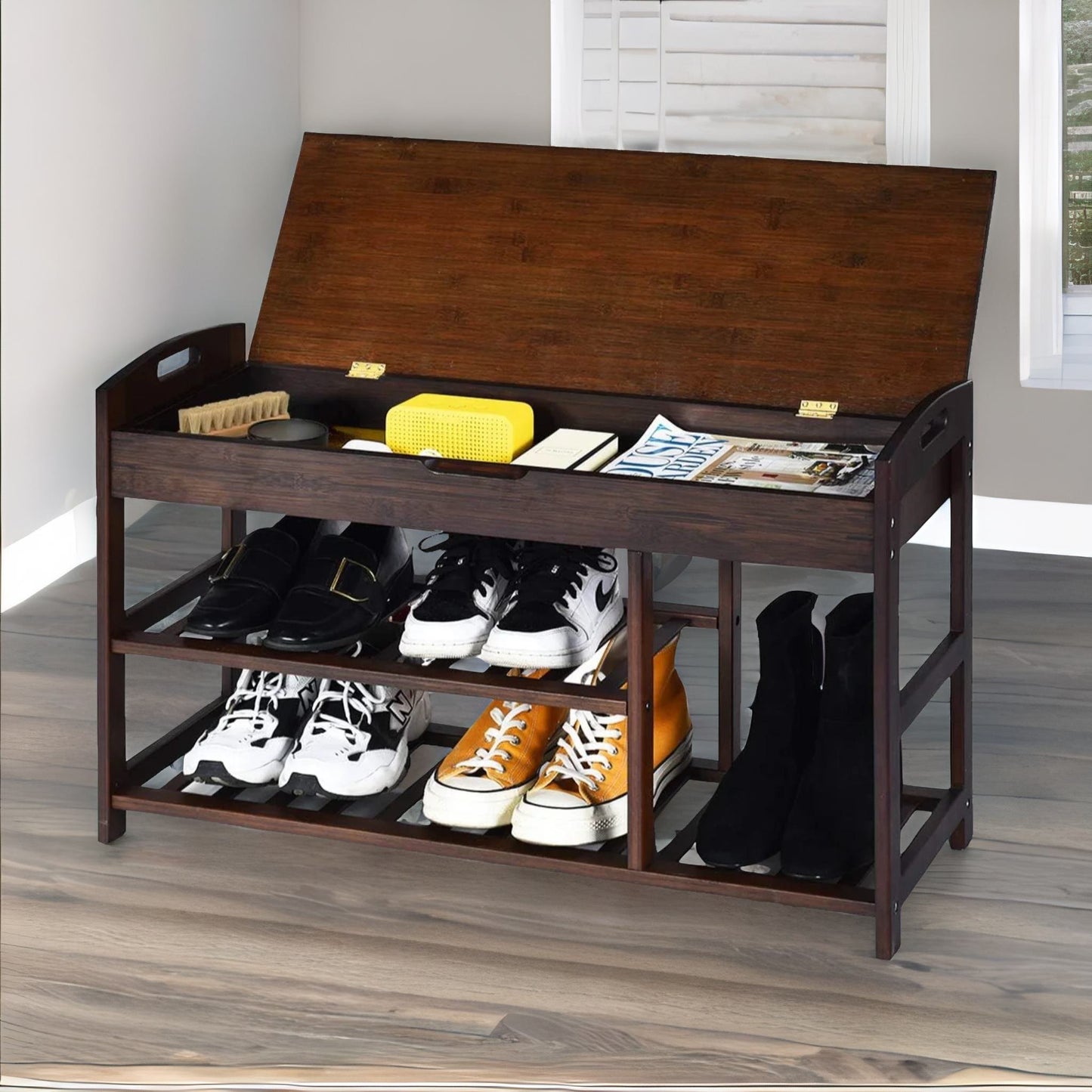 bamboo 3 shoe storage bench with hidden storage