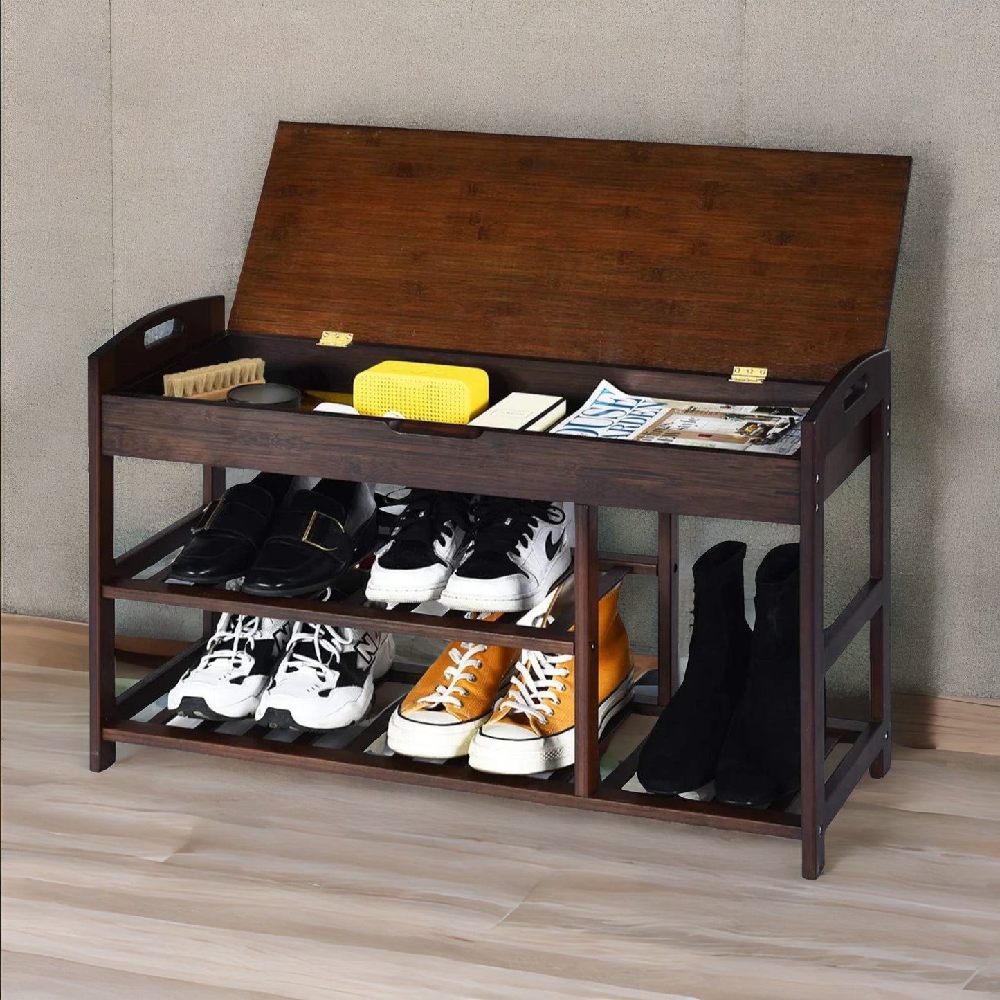 bamboo 3 shoe storage bench with hidden storage