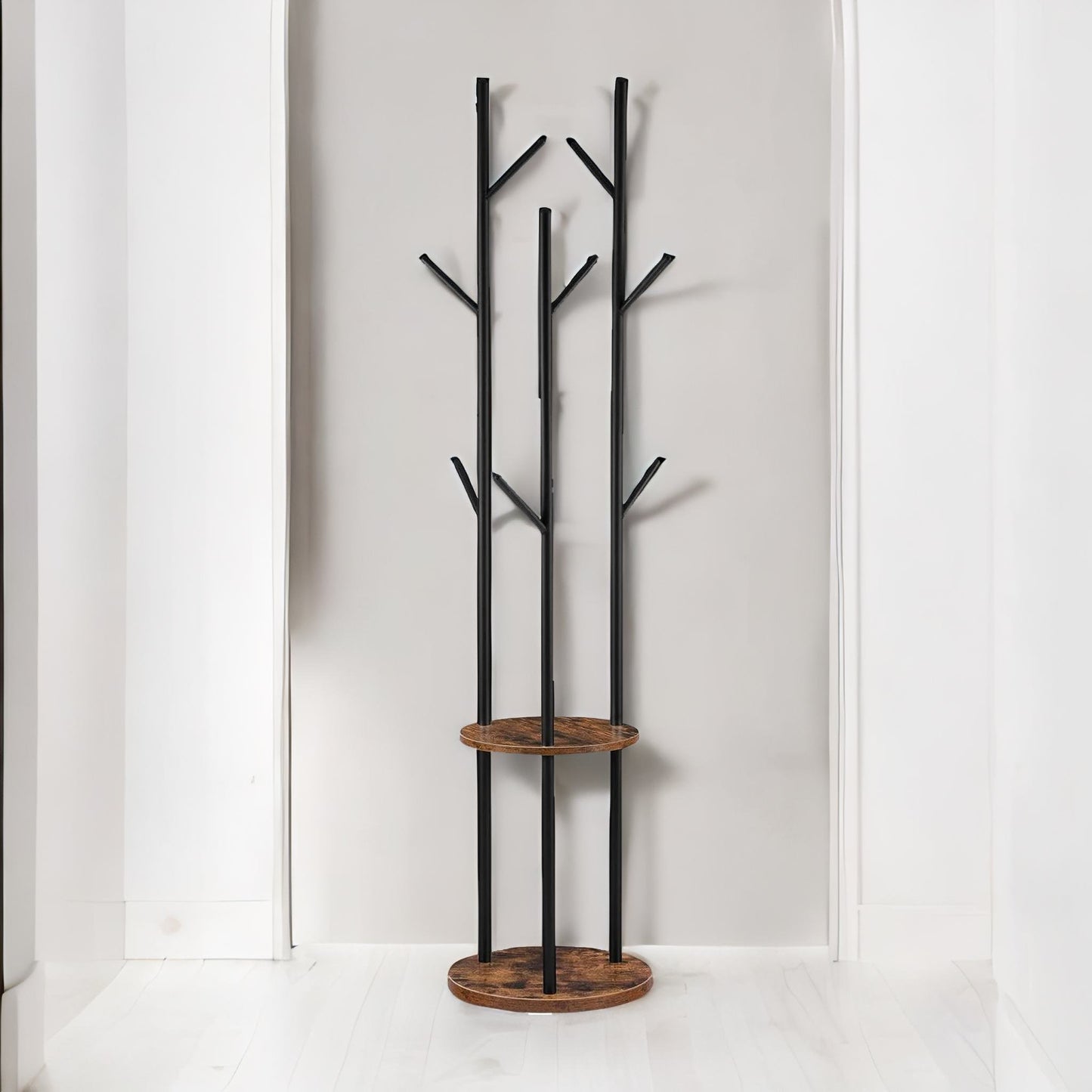 industrial rustic coat stand with 2 shelves