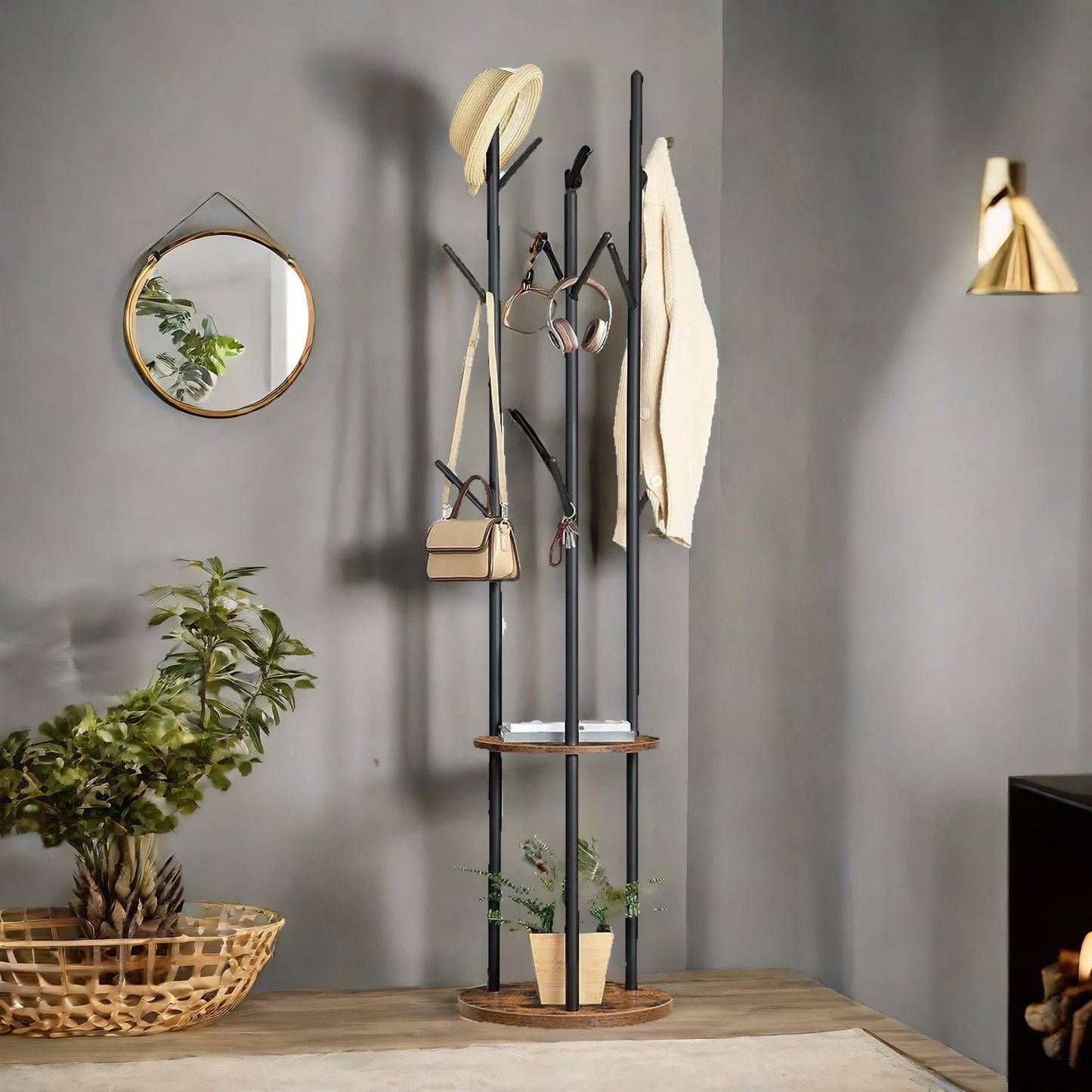 industrial rustic coat stand with 2 shelves