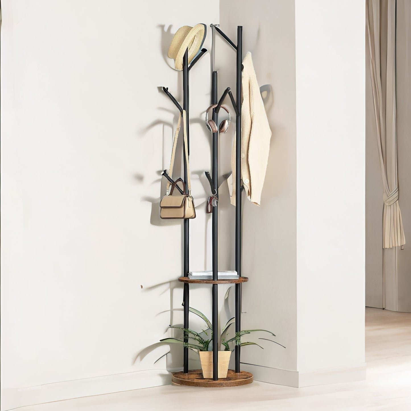 industrial rustic coat stand with 2 shelves