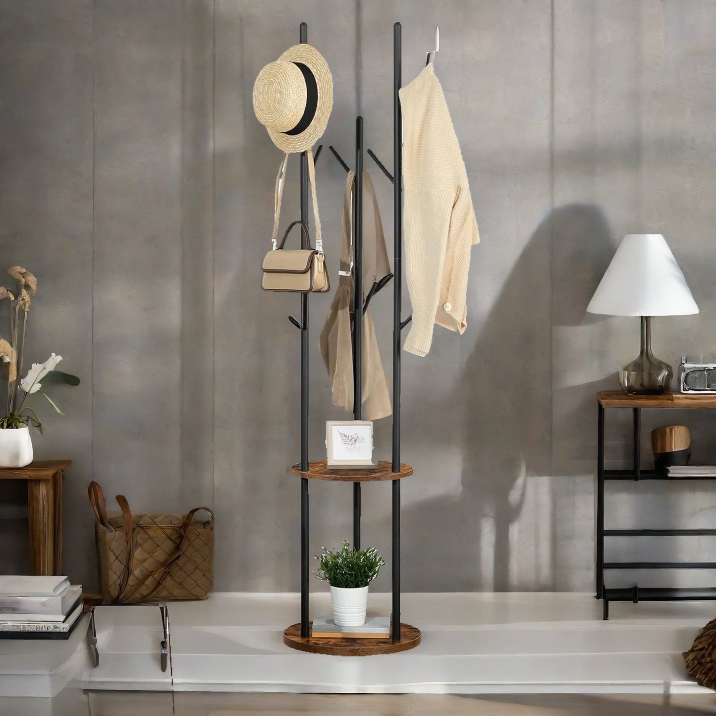 industrial rustic coat stand with 2 shelves