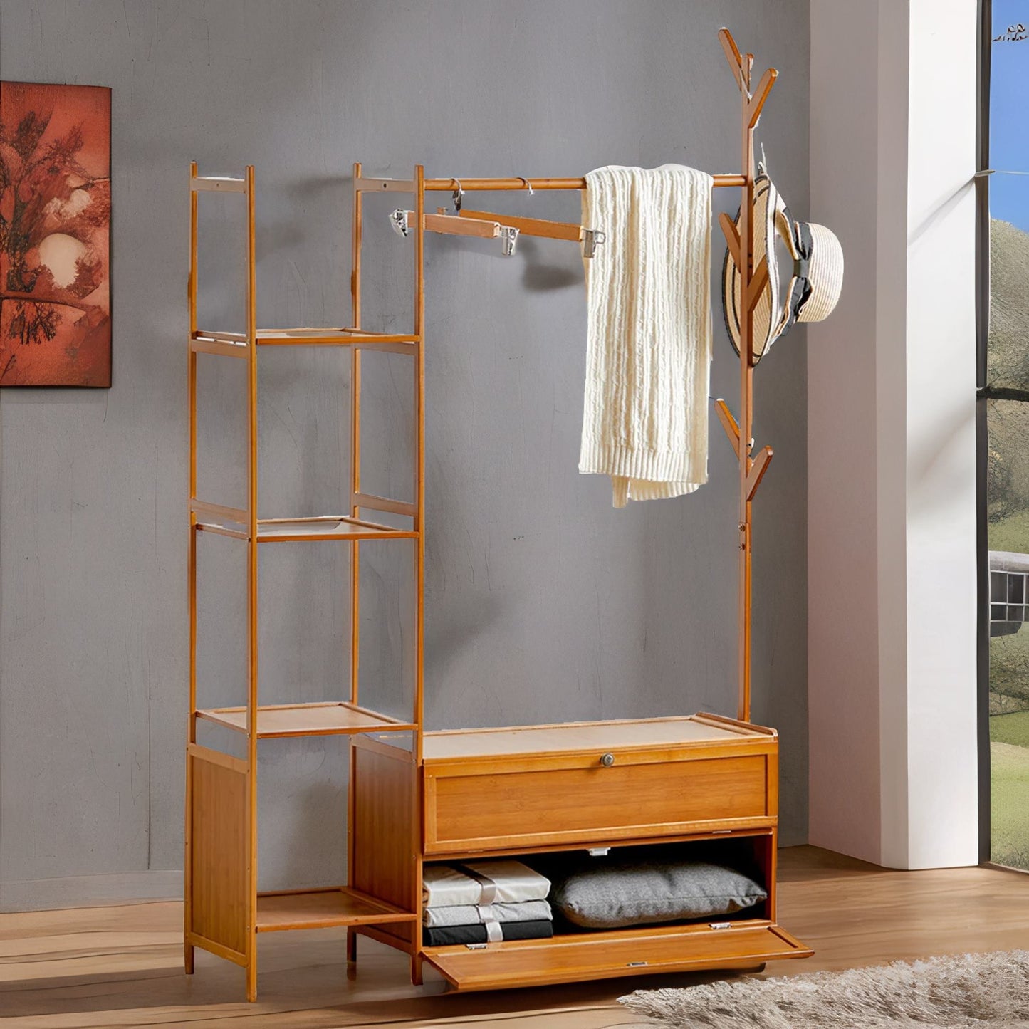 bamboo coat stand with hooks, shelves & cabinets