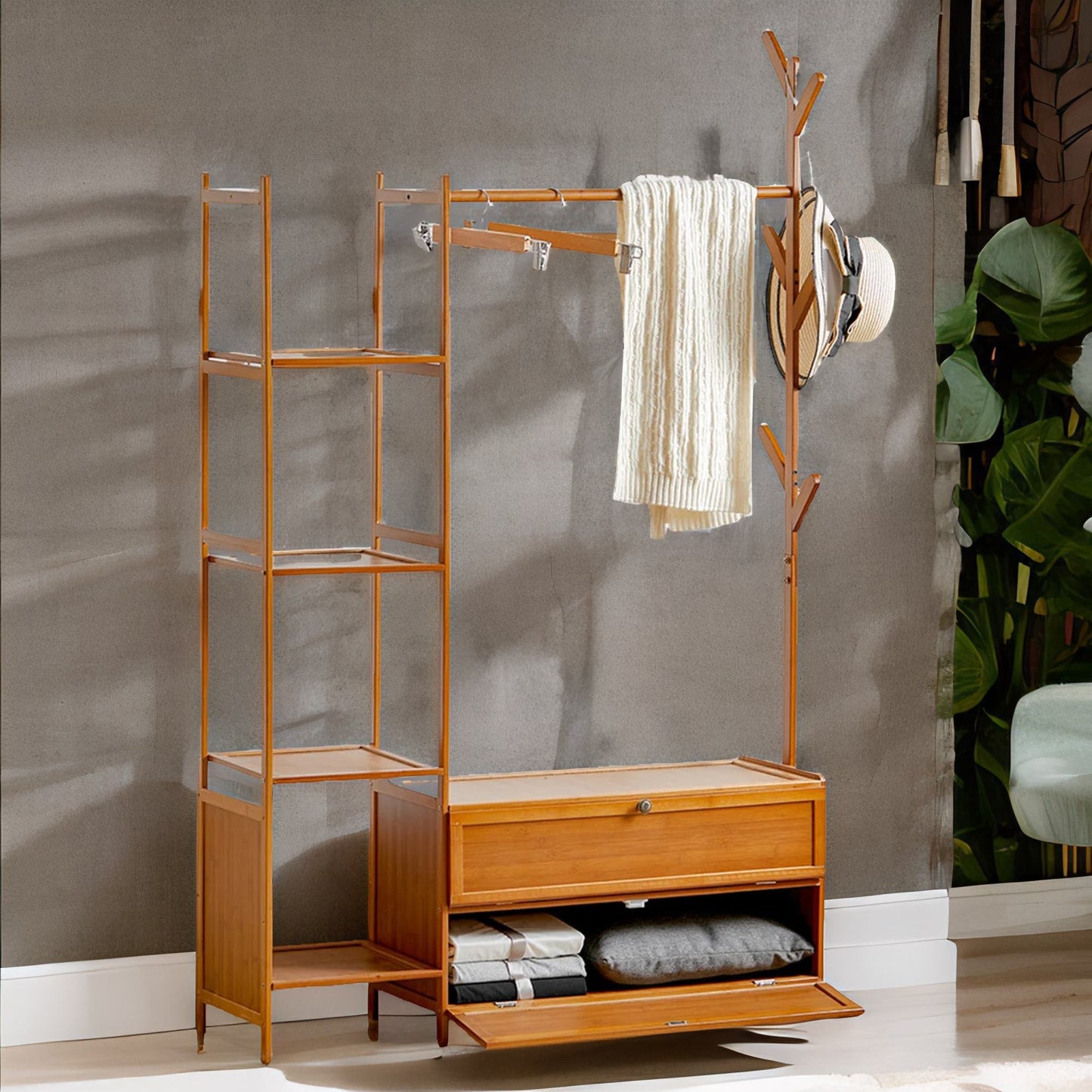 bamboo coat stand with hooks, shelves & cabinets