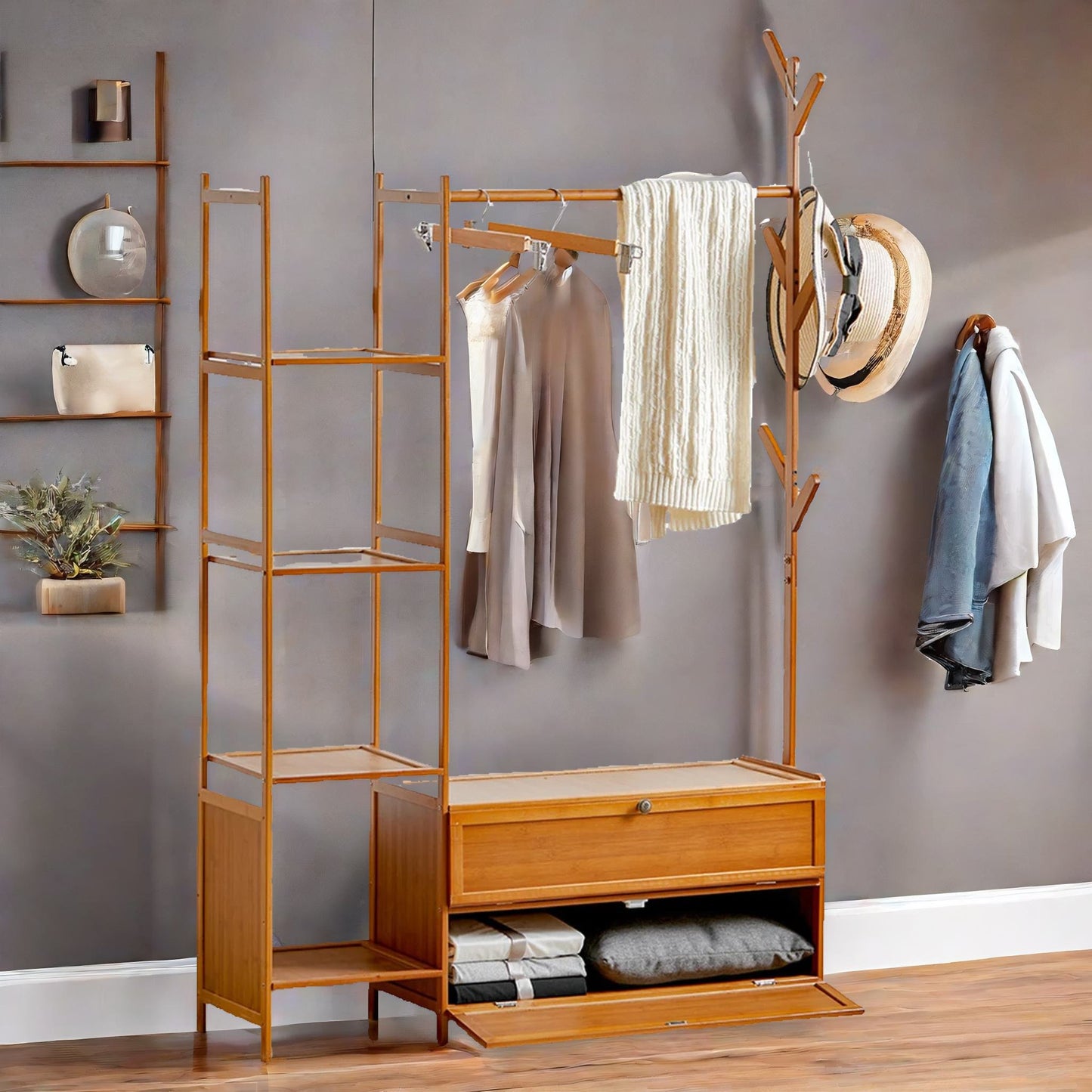 bamboo coat stand with hooks, shelves & cabinets