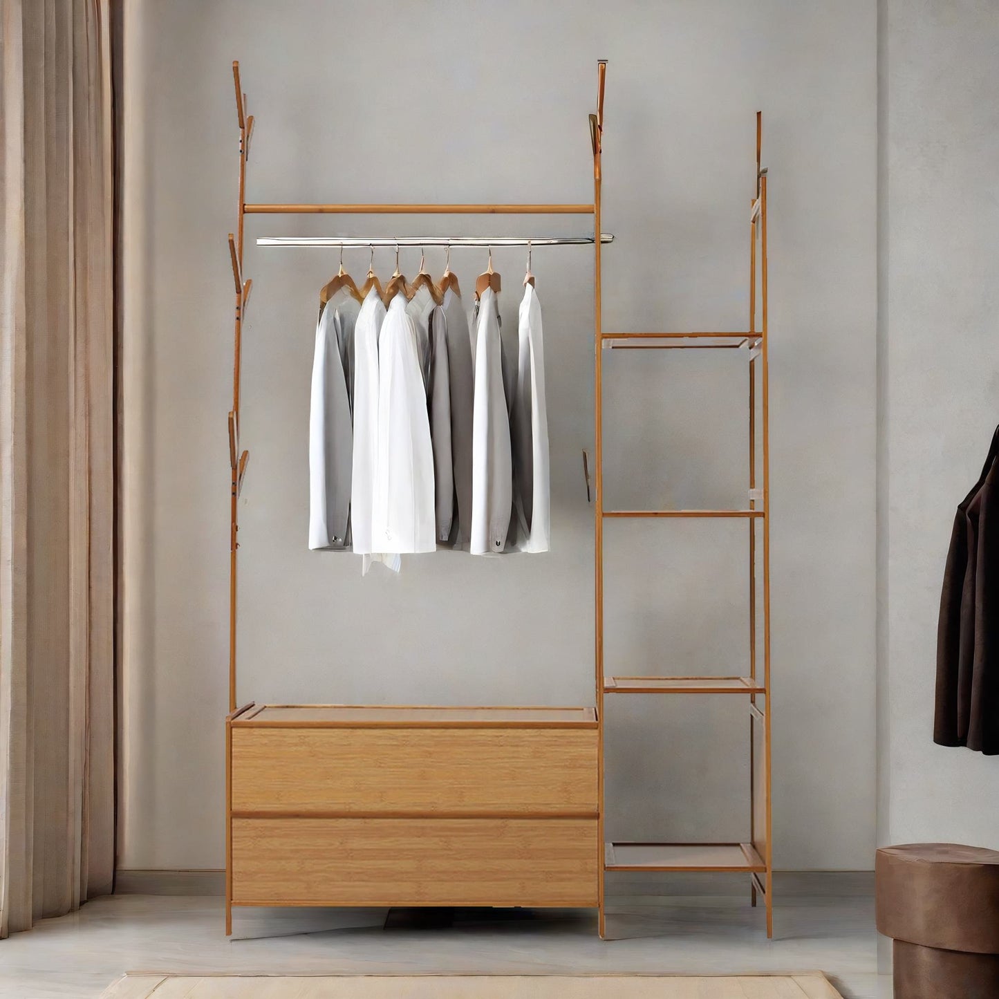 bamboo coat stand with hooks, shelves & cabinets