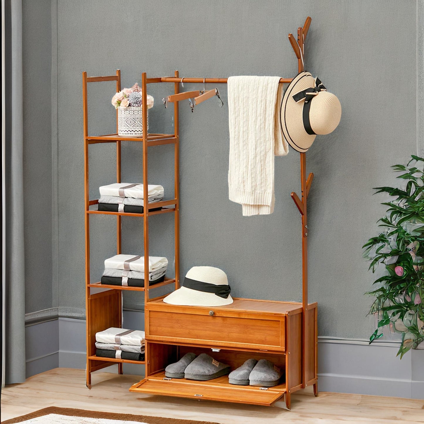 bamboo coat stand with hooks, shelves & cabinets