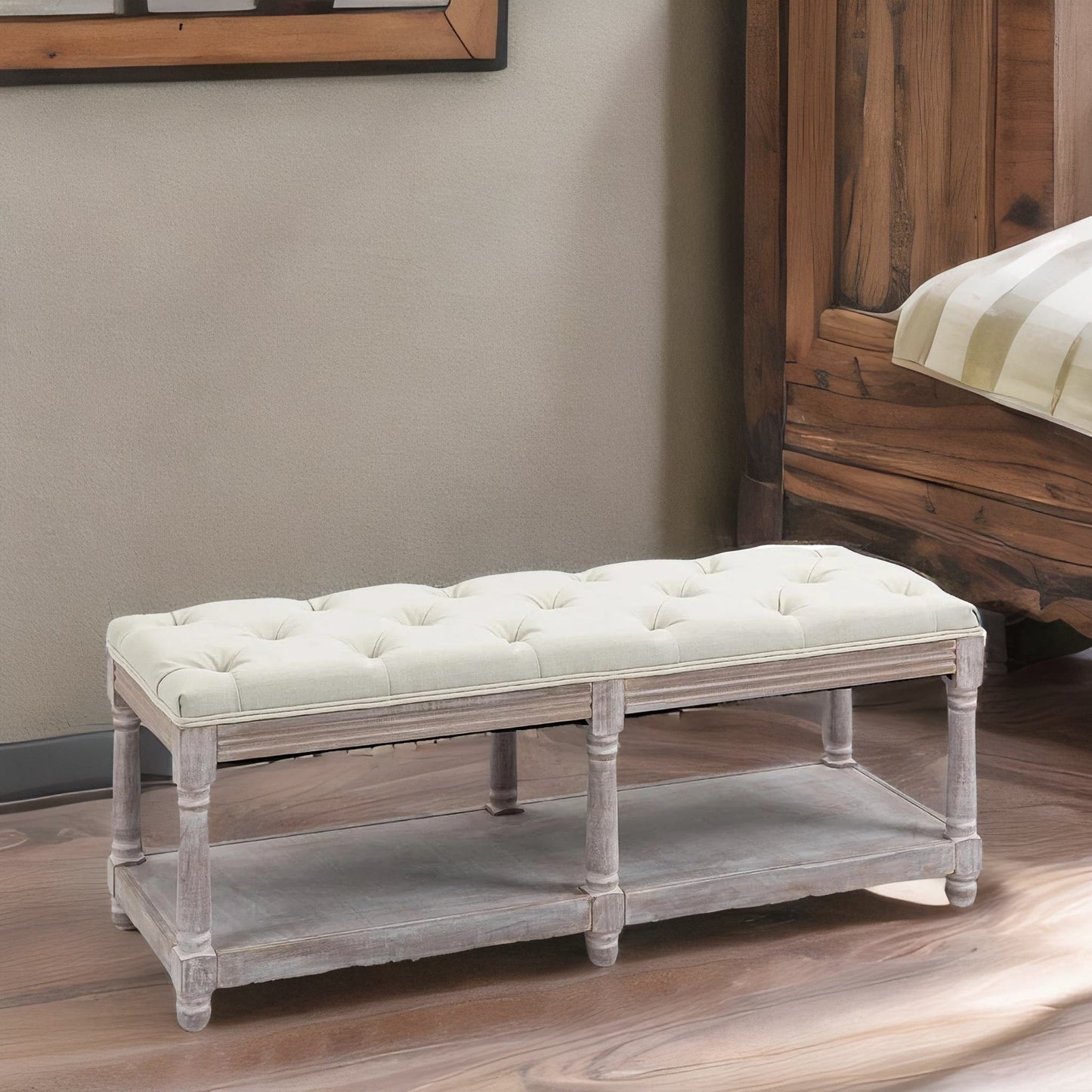 upholstered wooden bench seat with shelf cream white