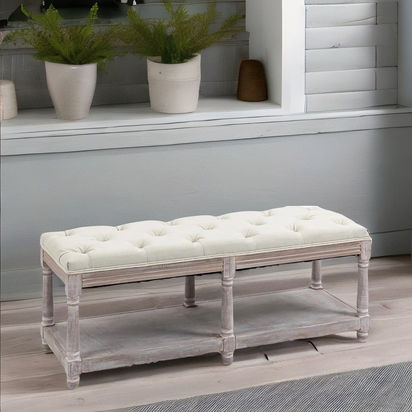 upholstered wooden bench seat with shelf cream white