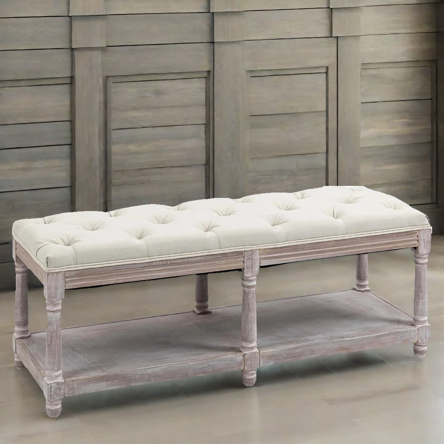 upholstered wooden bench seat with shelf cream white